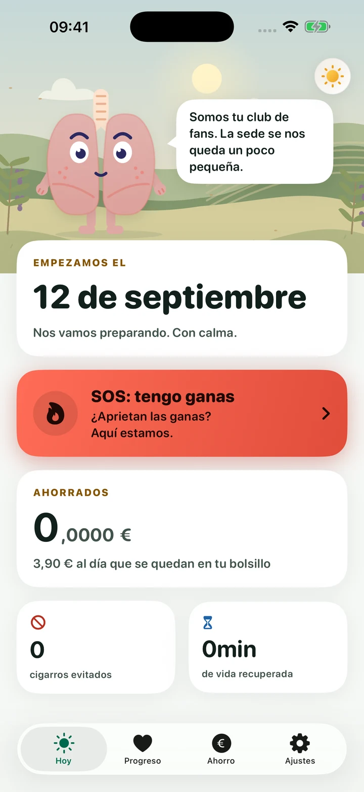 La pantalla Hoy de Basta muestra un nuevo comienzo, «SOS: tengo ganas», el dinero ahorrado y los cigarros evitados.