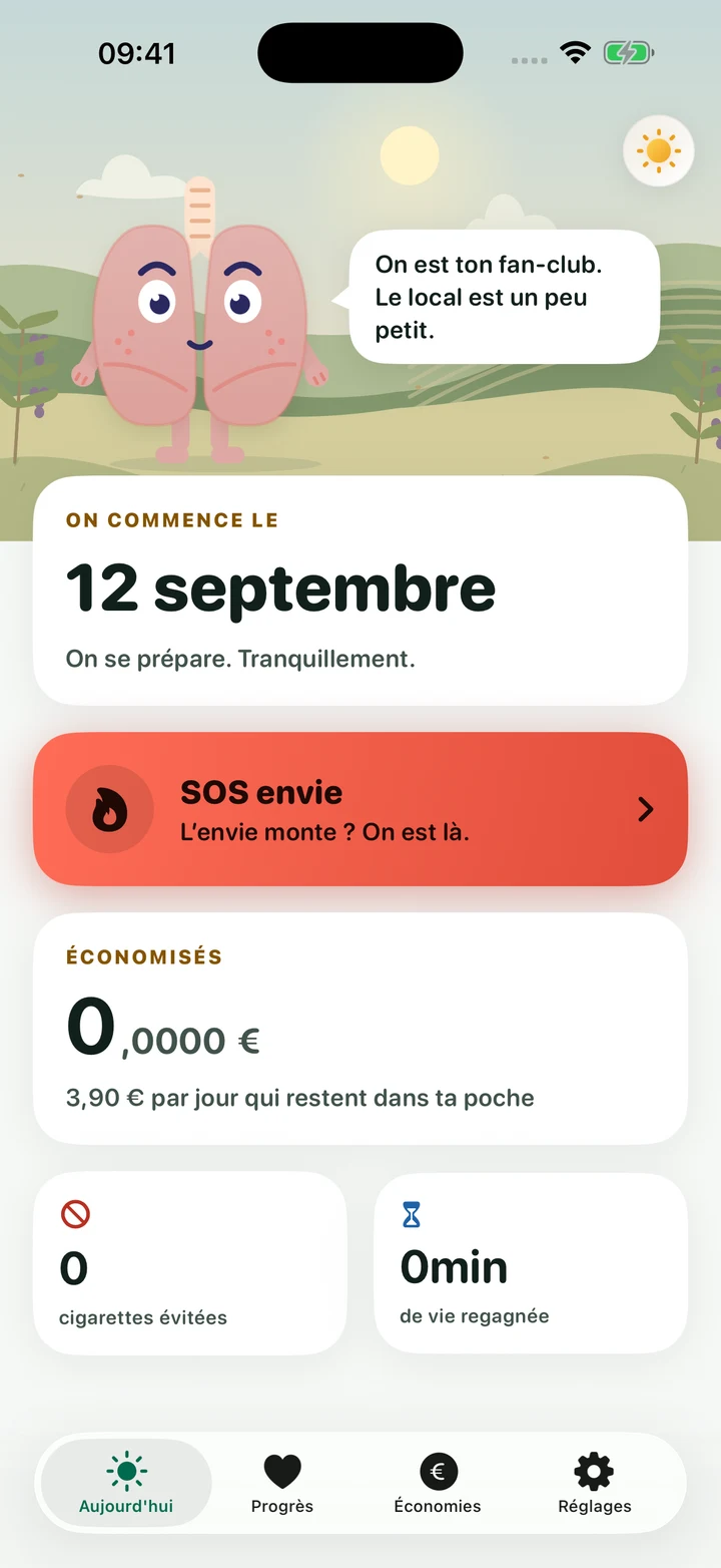 L’écran Aujourd’hui de Basta affiche un nouveau départ, SOS envie, l’argent économisé et les cigarettes évitées.